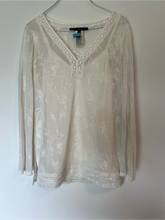 White House Black Market Tops - White House Black Market White Sheer Embroidered V-Neck Blouse